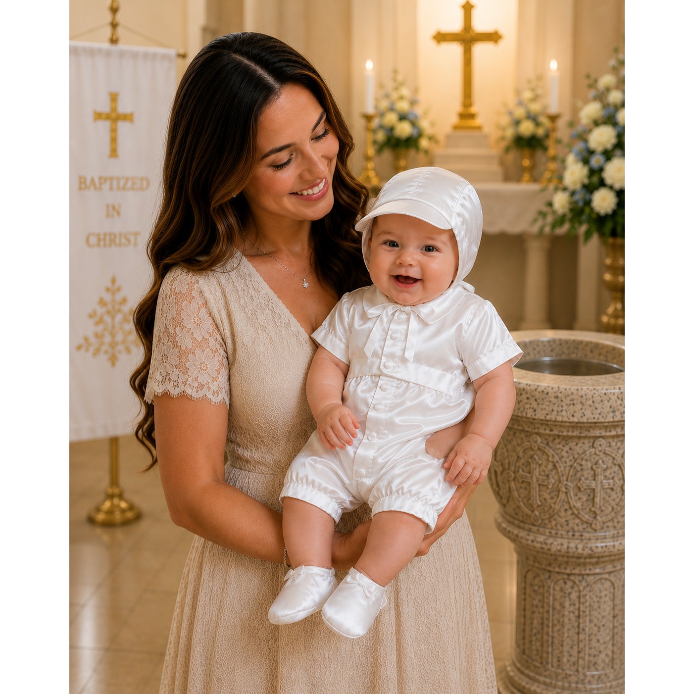 Boys Christening/Baptism Outfit with Cap Brim Bonnet - Satin Look - Size 12M NEW