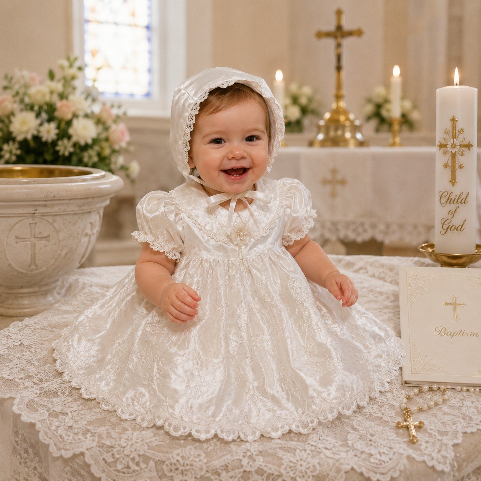 Copied - White Christening/Baptism Dress & Bonnet Set Size -3M - New