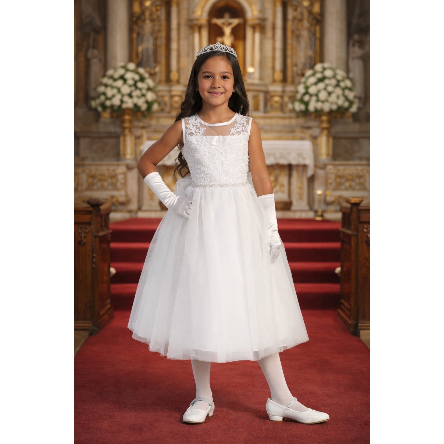 NEW Girls First Holy Communion Dress Size 7 - Corded Emb Tulle Sequin Tea-Length