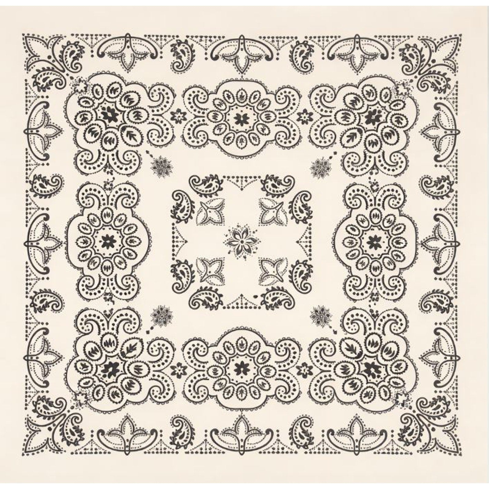 New - Ivory Texas Paisley Bandana with Black Print - 100% Cotton - 27x27"  - 1 Dozen