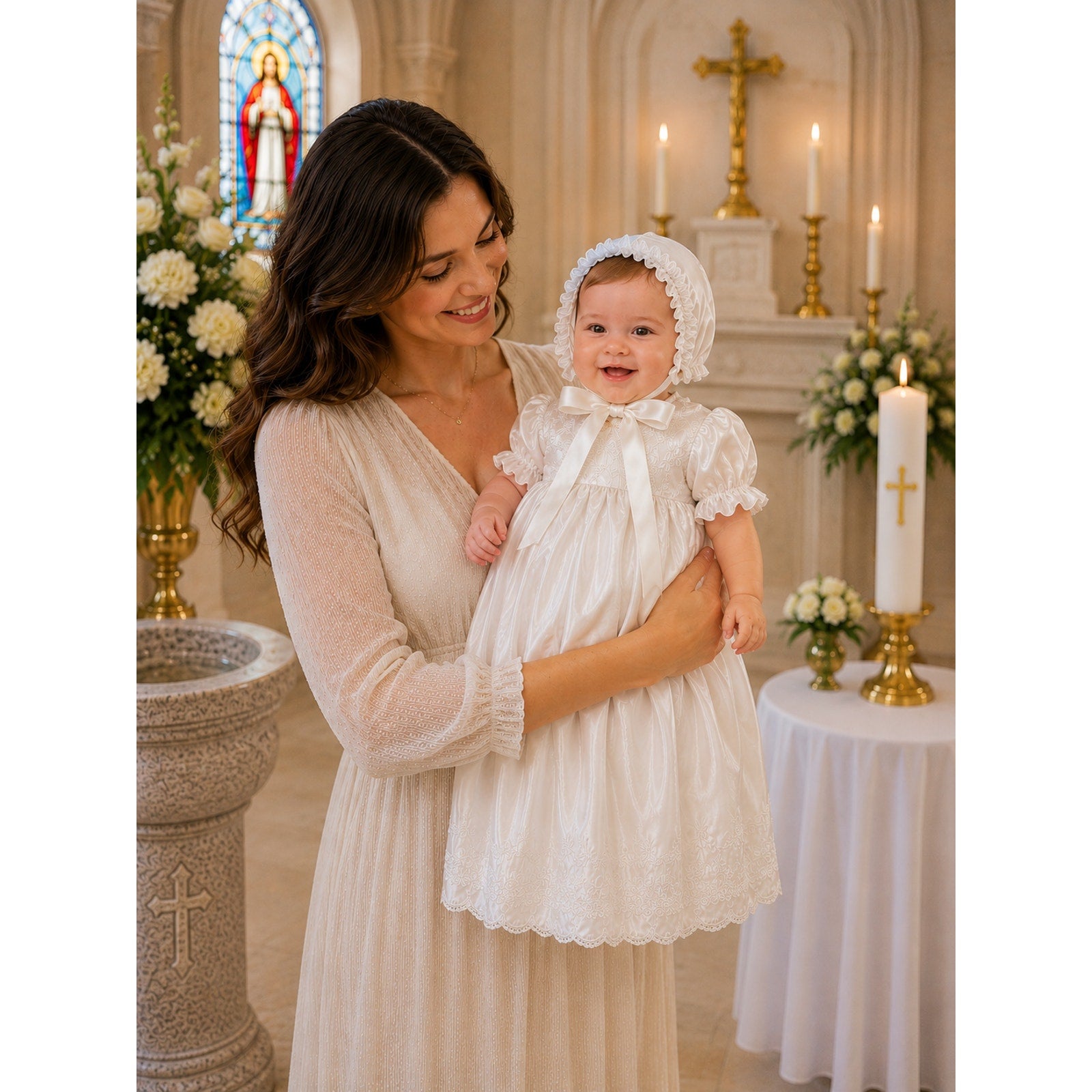 White Christening/Baptism Dress & Bonnet Set - Size 24M - NEW